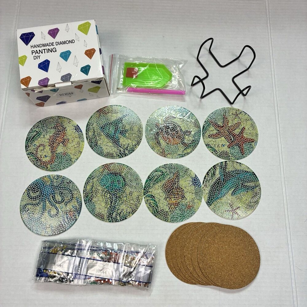 Ocean Sea Life Diamond Art Painting Coaster Kit 8Pcs DIY Crafts Kit Cork Holder